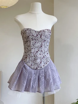 Летнее винтажное мини-платье без бретелек с цветочным кружевом в стиле пэчворк для женщин Французская мода 2000-х Эстетичный Сексуальный дизайн платьев Gyaru Tide