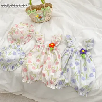 Летние Пиджаки с цветочным узором для новорожденных девочек, комбинезоны, Хлопчатобумажная одежда для младенцев, Ползунки принцессы для малышей, Подарочная шляпа