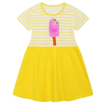 Летние платья для маленьких девочек, Детская одежда, Модное Хлопковое кружевное желтое роскошное платье в полоску с короткими рукавами и рисунком из мультфильма, детская одежда BC576