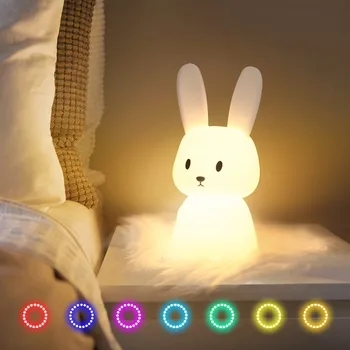 Милый Кролик, ночник, USB Перезаряжаемый Кролик, Силиконовая сенсорная настольная лампа, Милые Настольные аксессуары для письменного стола, Декор спальни