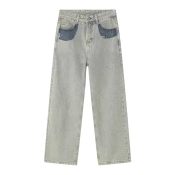Модная мужская одежда Повседневные Свободные прямые джинсы Four Seasons Jeans С карманами контрастного цвета, персонализированные Мужские широкие джинсовые брюки