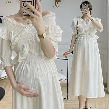 Модное короткое платье для беременных с рюшами, летняя одежда для беременных, Новые хлопковые платья для беременных с V-образным вырезом, длинные платья для беременных