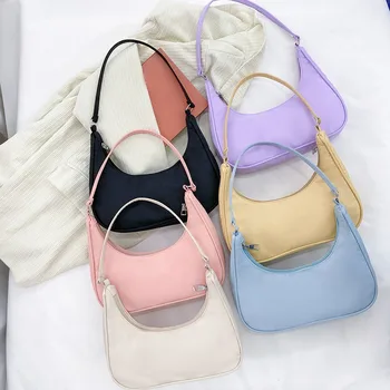 Модные женские сумки-бродяги подмышками, однотонный нейлон, повседневная женская сумочка на молнии, сумочка с верхней ручкой для покупок