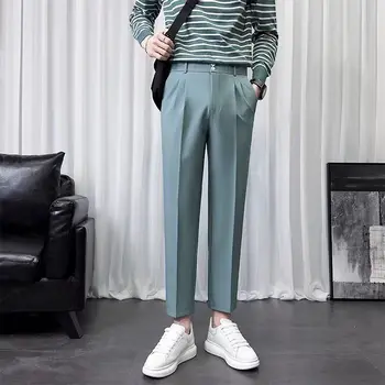 Модный мужской костюм Брюки Классические Однотонные повседневные брюки Деловая мода Стрейч Тонкие Брендовые брюки длиной до щиколотки Мужские A81