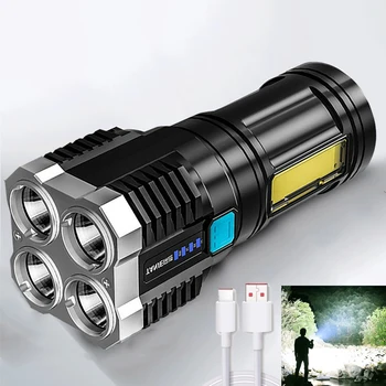 Мощный 4-х светодиодный фонарик, USB Перезаряжаемый портативный фонарик для улицы, подсветка, тактическое освещение, светодиодный фонарик COB