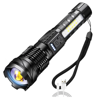 Мощный уличный светодиодный фонарик Водонепроницаемый 18650 фонарь с боковой подсветкой 7 режимов Фонарь для кемпинга рыбалки USB Перезаряжаемый зум