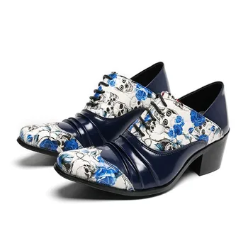 Мужские модельные туфли с острым носком в британском стиле на высоком каблуке с рисунком скелета и Розы, свадебные туфли на шнуровке, мужские кожаные вечерние туфли