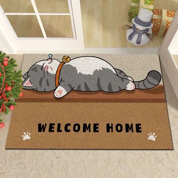 Мультяшный дверной коврик можно разрезать и промыть водой. Ленивый кот скребет почву и соскребает грязь при входе в дом. Шелковый коврик у двери