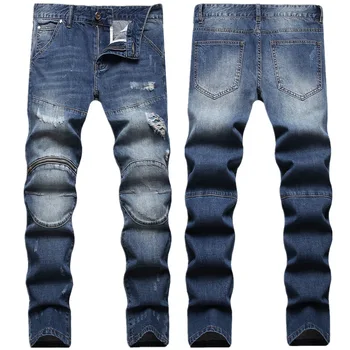 Новый модный бренд, декоративные джинсы в стиле хип-хоп на молнии, мужские джинсы с перфорацией, облегающие маленькие ножки, синие повседневные прямые брюки