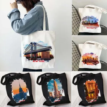 Нью-Йорк, Соединенные Штаты, Достопримечательности Нью-Йорка, пейзаж, акварель, тушь, масляная живопись, холщовая хлопковая сумка-тоут, эко-сумка для покупок