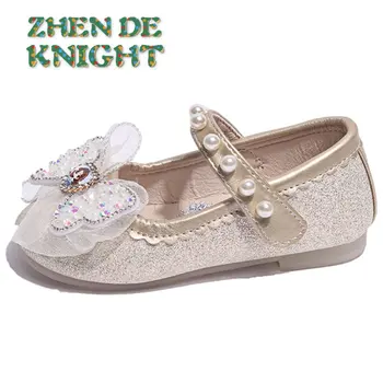 Обувь принцессы для девочек 2023 года, повседневная обувь с мягкой подошвой для маленьких девочек с бантом, Детская кожаная обувь с украшением в виде кристаллов