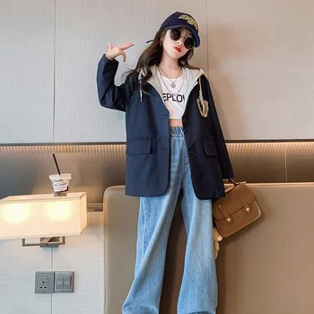 Одежда для маленьких девочек, модный повседневный топ с капюшоном, весенний блейзер с корейским дизайном, уличная одежда средней длины для подростков 4-14 лет