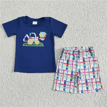 Оптовая продажа, летний комплект шорт с вышивкой в виде автомобиля для мальчиков с коротким рукавом, бутик-комплект из двух предметов для маленьких мальчиков, одежда в западном стиле, детский комплект