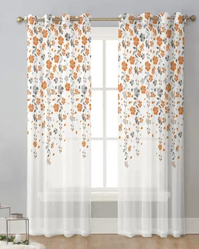 Оранжево-серый Цветочный тюль Украшение Гостиной Прозрачные занавески Спальня Кухня Вуаль Шифоновые шторы