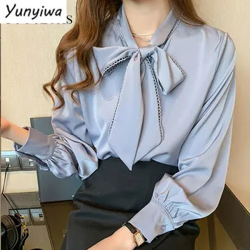 Осенние Женские блузки в корейском стиле, элегантные однотонные женские атласные рубашки LeiOL с бантиком, модные уличные топы для зрелых, Большие размеры 3XL