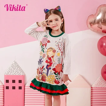 Платье VIKITA для девочек, зимние хлопчатобумажные платья для девочек с длинными рукавами, детская одежда, новогодние детские платья с цветочной аппликацией