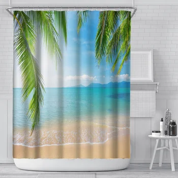 Пляж Солнечный Пейзаж Занавеска для душа 3D Приморское Дерево Природные пейзажи Водонепроницаемая Полиэфирная занавеска для ванной Экран для ванной комнаты