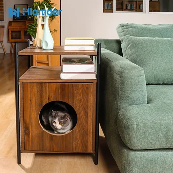 Приставной столик для домашних животных, скрытая комната для кошек с полкой для хранения в гостиной, скрытая мебель для кошачьего туалета, деревянный приставной столик для домашних животных
