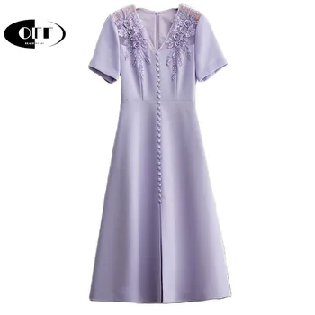 С открытыми плечами летние цветочные бисероплетения фиолетового цвета с V-образным вырезом элегантные офисные женские миди платья для женщин traf повседневное вечернее шикарное платье robe femme