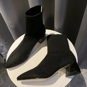 сапоги с блестящими плетеными носками, женские брендовые дизайнерские ботинки chelsea botas mujer invierno серебристого цвета на высоком каблуке 2020, вязаные эластичные сапоги 70 г.
