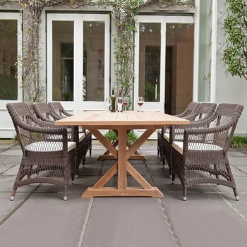 Современный ротанговый стол и стул для отдыха на свежем воздухе, терраса для виллы, сад, водонепроницаемый солнцезащитный крем, простой стол, мебель из тикового дерева