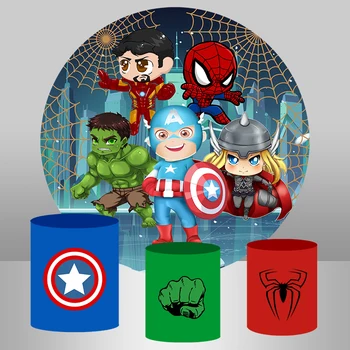 Супергерой Мстители Круглая обложка Фон для Дня рождения ребенка Человек-паук Халк Железный Человек Капитан Америка Круглая крышка цилиндра Декор Реквизит