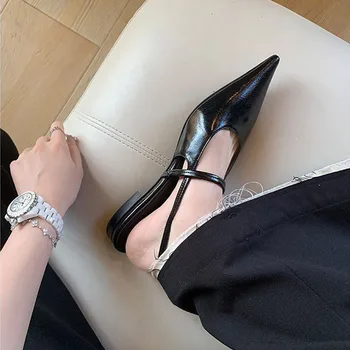 Туфли-лодочки из лакированной кожи в стиле ретро, босоножки с острым носком во французском стиле, босоножки на тонком каблуке, удобные черные туфли-лодочки, женская одиночная обувь