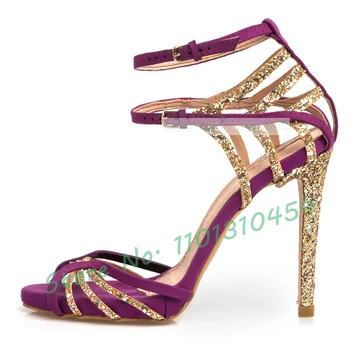 Фиолетовые замшевые сандалии с блестящими деталями, женская модная обувь с двойным ремешком, женские босоножки с открытым носком, Великолепные босоножки на высоком каблуке
