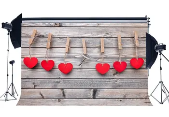 Фон для фотосъемки День Святого Валентина Красные Сердечки Винтажные полосы деревянный пол Свадебные фоны