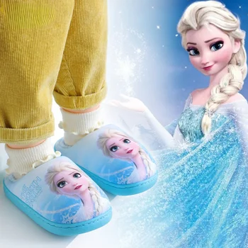Хлопчатобумажные тапочки с изображением замороженной Анны Эльзы из детского мультфильма, мягкая осенне-зимняя теплая хлопчатобумажная обувь принцессы для маленьких мальчиков и девочек в домашней спальне