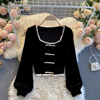 Черная блузка Женская одежда Кружевной Лоскутный Бархатный топ Корейская Винтажная рубашка Blusas Mujer De Moda Элегантные блузки с вырезом-стойкой