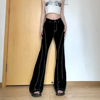 Черные расклешенные брюки, джинсовые брюки, женская уличная одежда Y2K, Гранж 2000-х, эстетичные повседневные джинсы с низкой талией, расклешенные брюки, брюки-карго