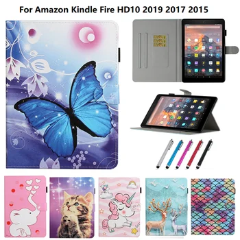 Чехол для Amazon Fire HD 10 2017 Case Butterfly Elephant Stand Tablet Skin Для Kindle Fire HD10 2019 2017 2015 Чехол + Ручка