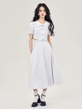 Элегантный комплект платьев в клетку, женская Корейская модная винтажная рубашка с бантом, шикарная официальная повседневная тонкая юбка для вечеринки, новый комплект из двух предметов